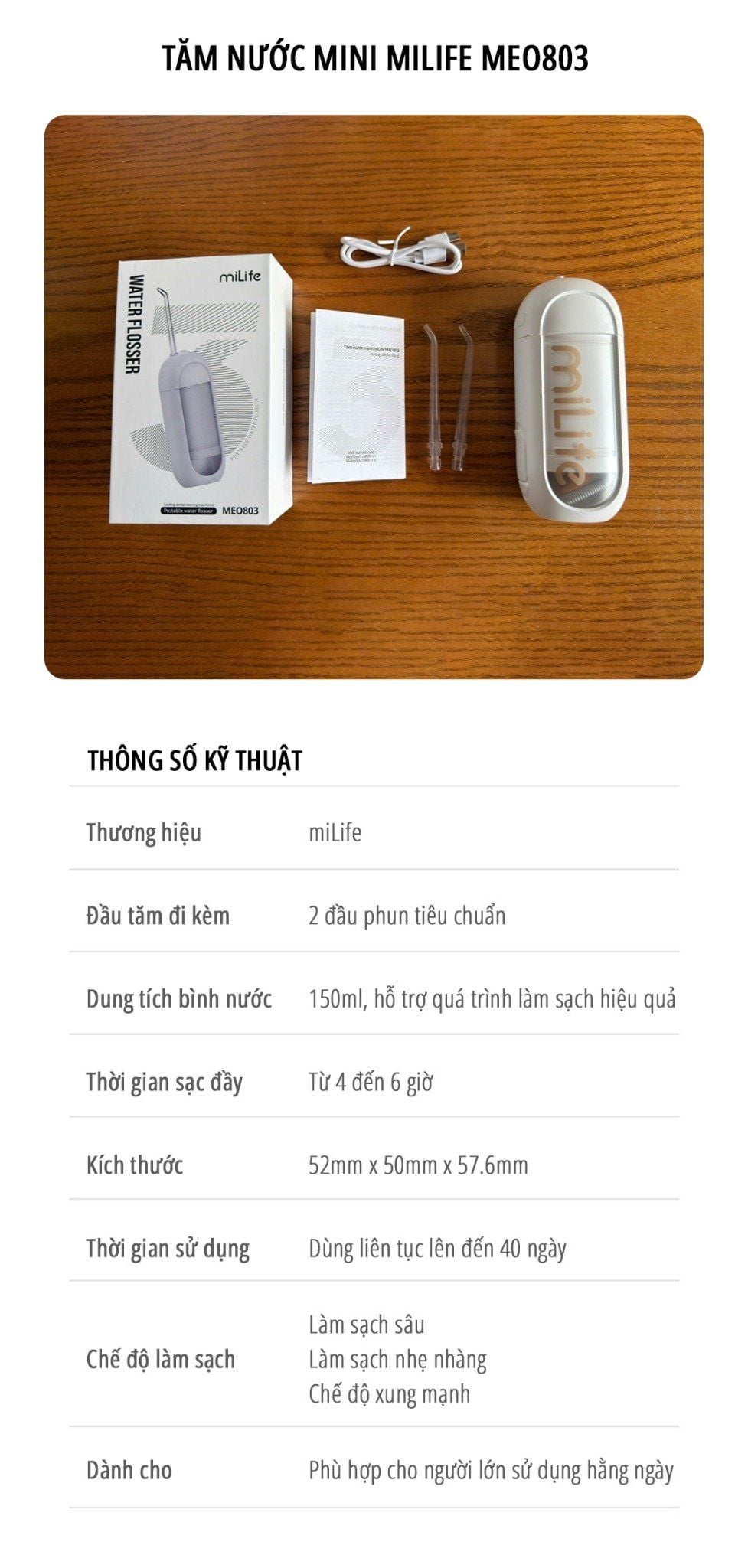 Máy tăm nước mini miLife MEO803 bình nước 150ml, pin 40 ngày - Bảo hành 12 tháng 