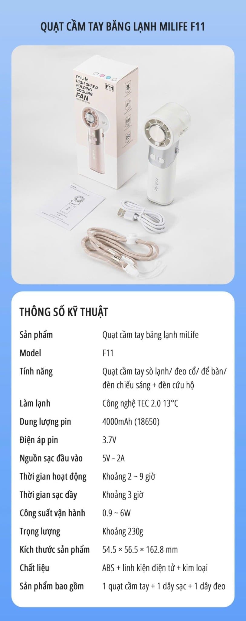  Quạt cầm tay sò lạnh miLife F11 thân xoay 180 độ, pin 4000mAh 9 tiếng, gió 9.8m/s - Bảo hành 12 tháng 