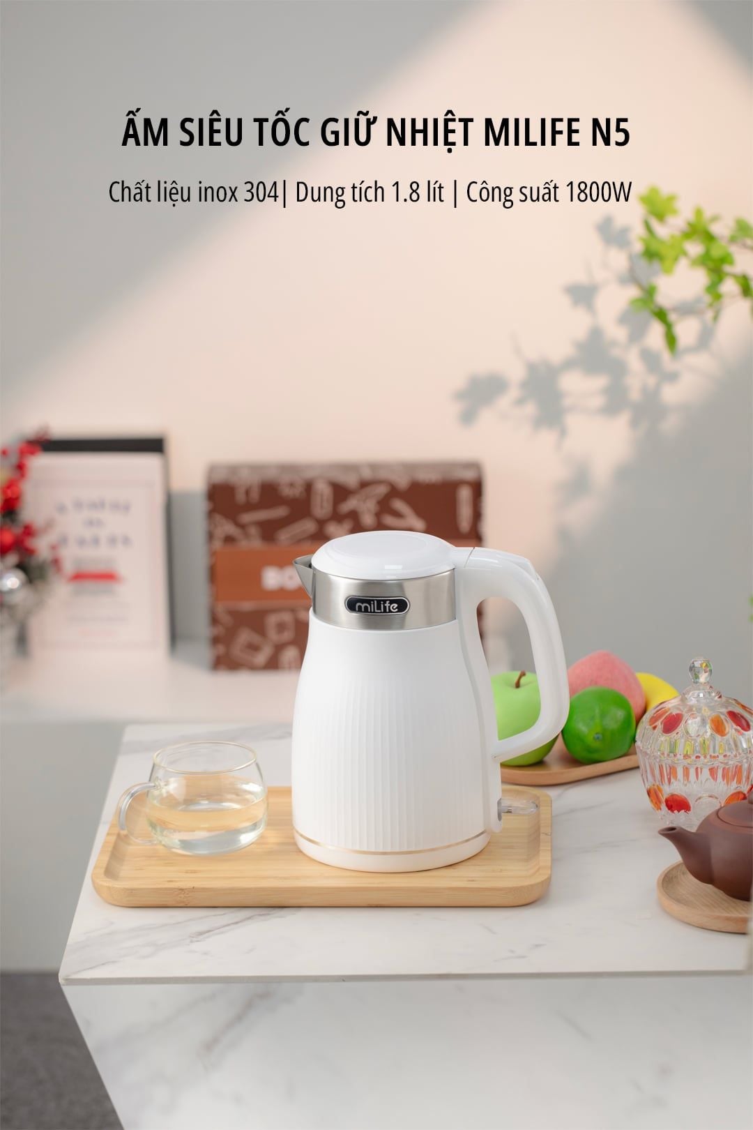  Ấm siêu tốc dung tích 1.8L miLife N5, inox 304, 1800w mạnh mẽ, đạt chuẩn SNI - Bảo hành 12 tháng 