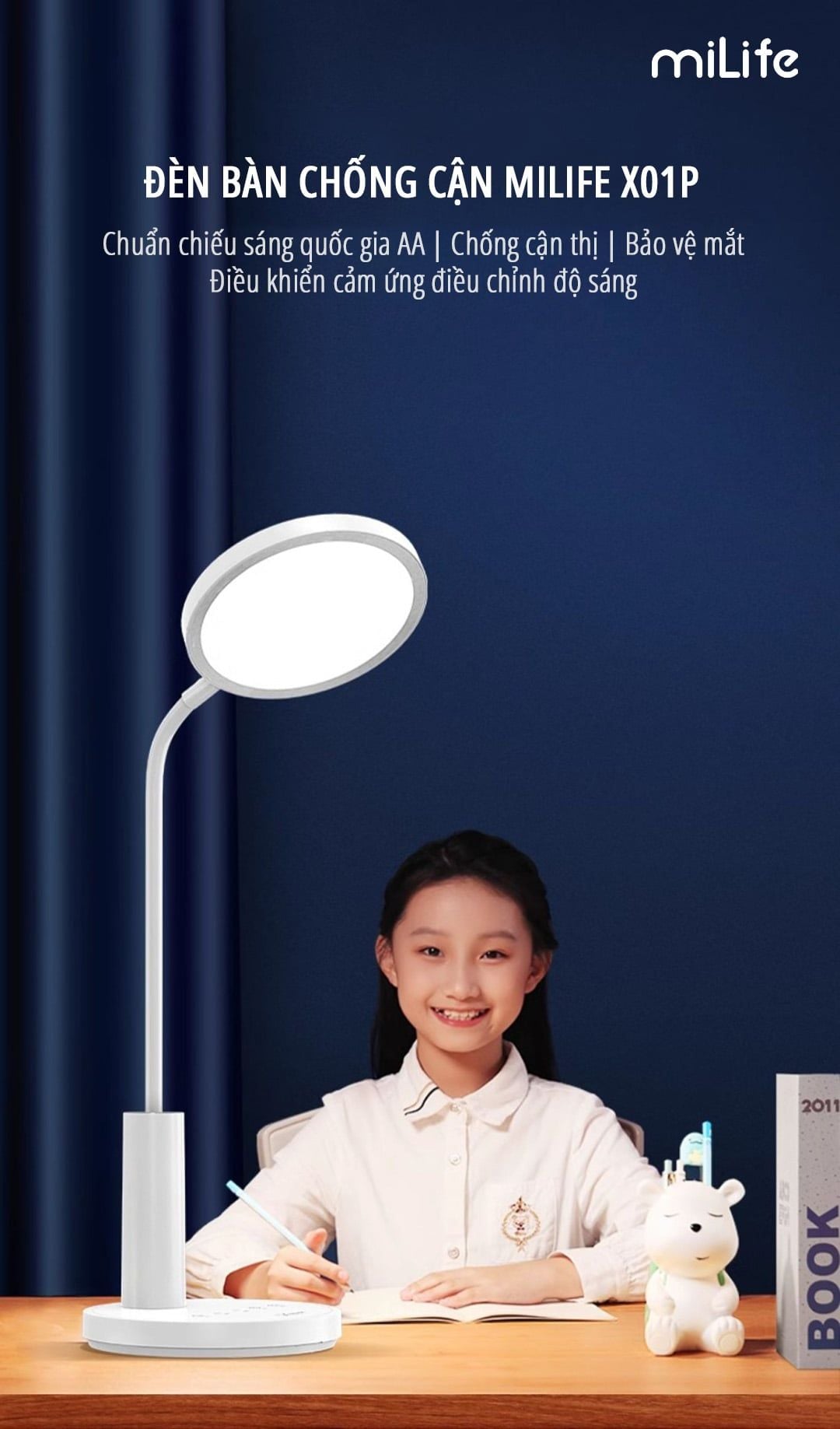  Đèn học chống cận miLife X01P, đèn đọc sách để bàn tiêu chuẩn AA bảo vệ mắt, chiều chỉnh ánh sáng 