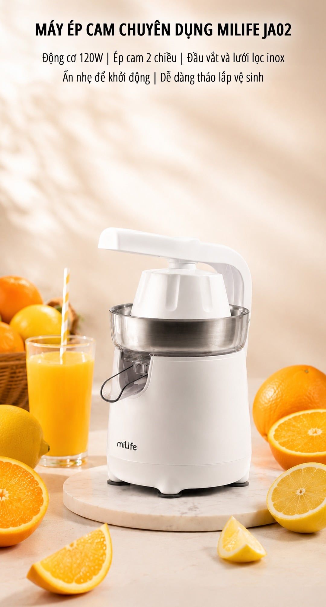  Máy vắt cam Máy ép cam, chuyên dụng miLife JA02 - công suất 120W - vắt kiệt bã bảo hành 12 tháng 
