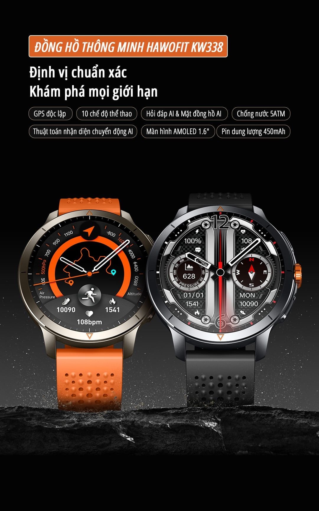  Đồng hồ thông minh đi bơi thể thao nghe gọi HaWoFit KW338 - Kháng nước 5ATM, Ghi âm, GPS độc lập, Chat GPT 
