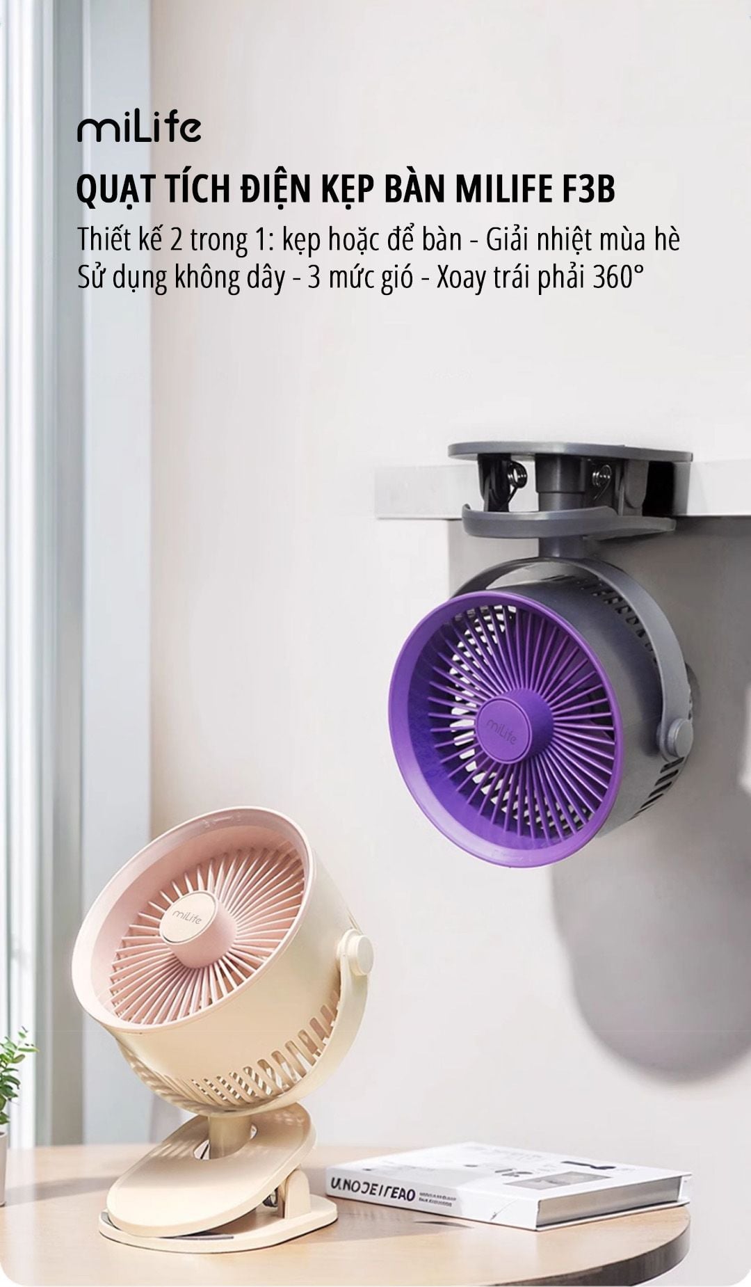  Quạt kẹp tích điện miLife F3B cánh quạt lớn 18cm pin 4000mAh 