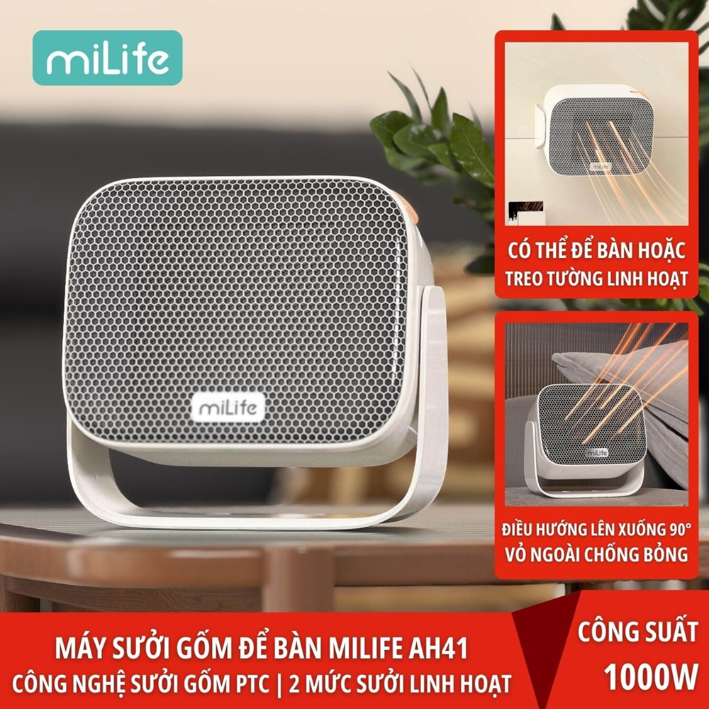  Quạt sưởi gốm mini miLife AH41 công suất 1000W làm nóng nhanh - 2 chế độ có thể treo tường đa năng 