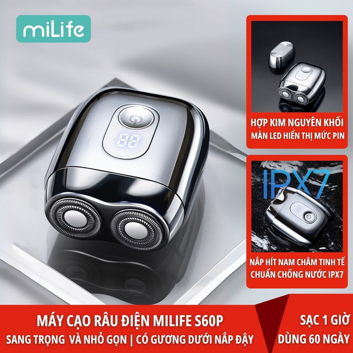  Máy cạo râu điện miLife S60P toàn thân inox, nắp hút có gương, pin 60 ngày, hiển thị phần trăm pin 