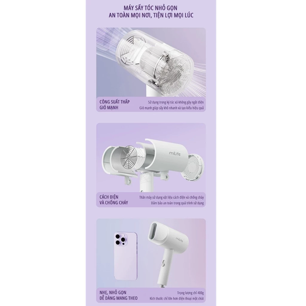  Máy sấy tóc ion âm miLife A1P 800w với ánh sáng xanh bảo vệ tóc 