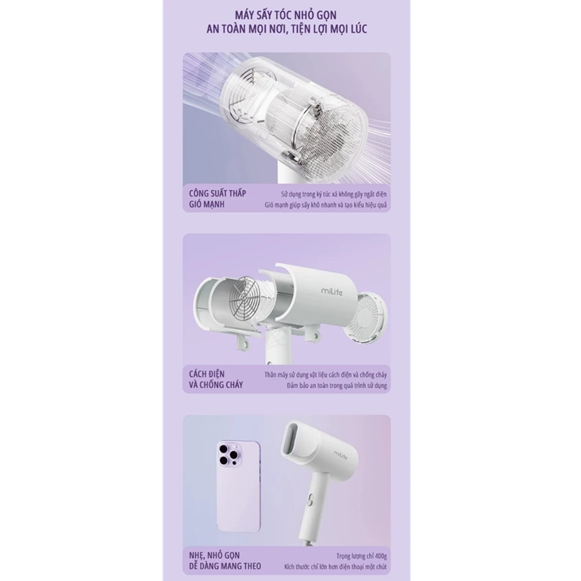  Máy sấy tóc ion âm miLife A1P 800w với ánh sáng xanh bảo vệ tóc 