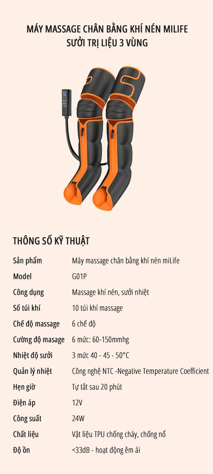  Máy massage chân bằng khí nén miLife G01P - Sưởi sưởi trị liệu 3 vùng massage chân trị liệu cao cấp bằng khí nén 