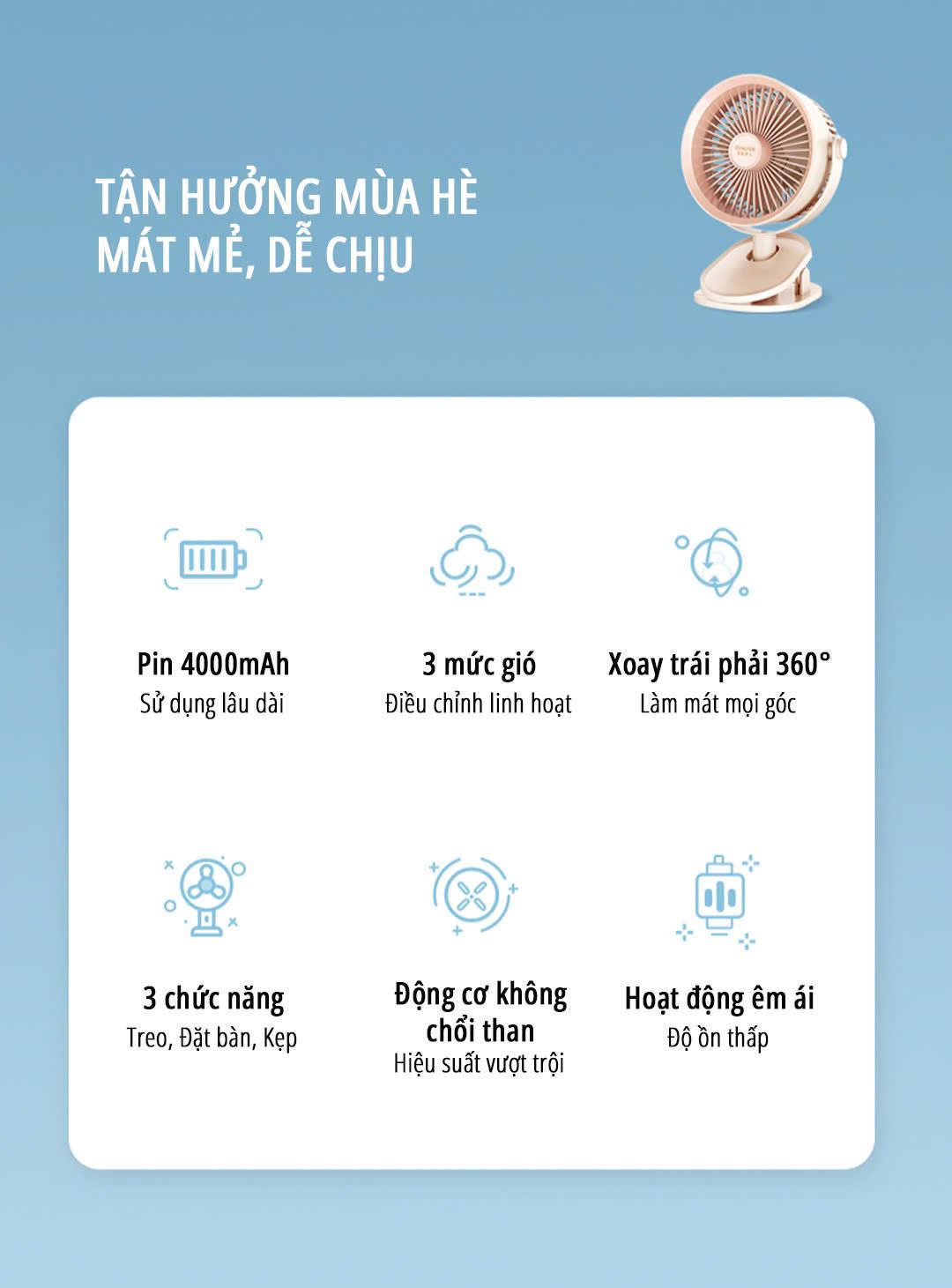  Quạt kẹp tích điện miLife F3B cánh quạt lớn 18cm pin 4000mAh 