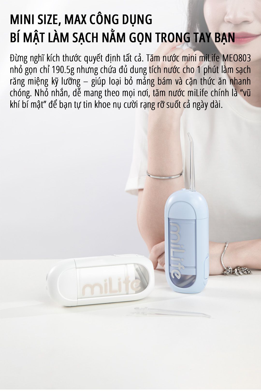  Máy tăm nước mini miLife MEO803 bình nước 150ml, pin 40 ngày - Bảo hành 12 tháng 
