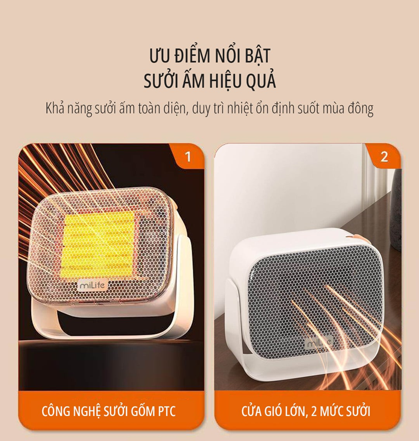  Quạt sưởi gốm mini miLife AH41 công suất 1000W làm nóng nhanh - 2 chế độ có thể treo tường đa năng 