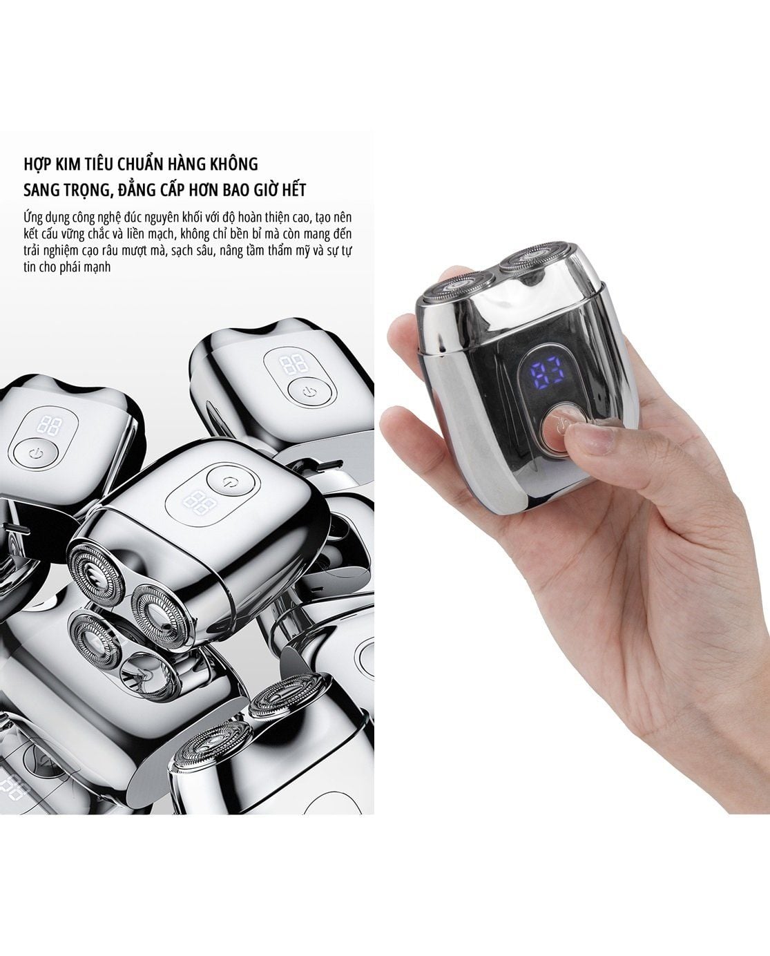  Máy cạo râu điện miLife S60P toàn thân inox, nắp hút có gương, pin 60 ngày, hiển thị phần trăm pin 