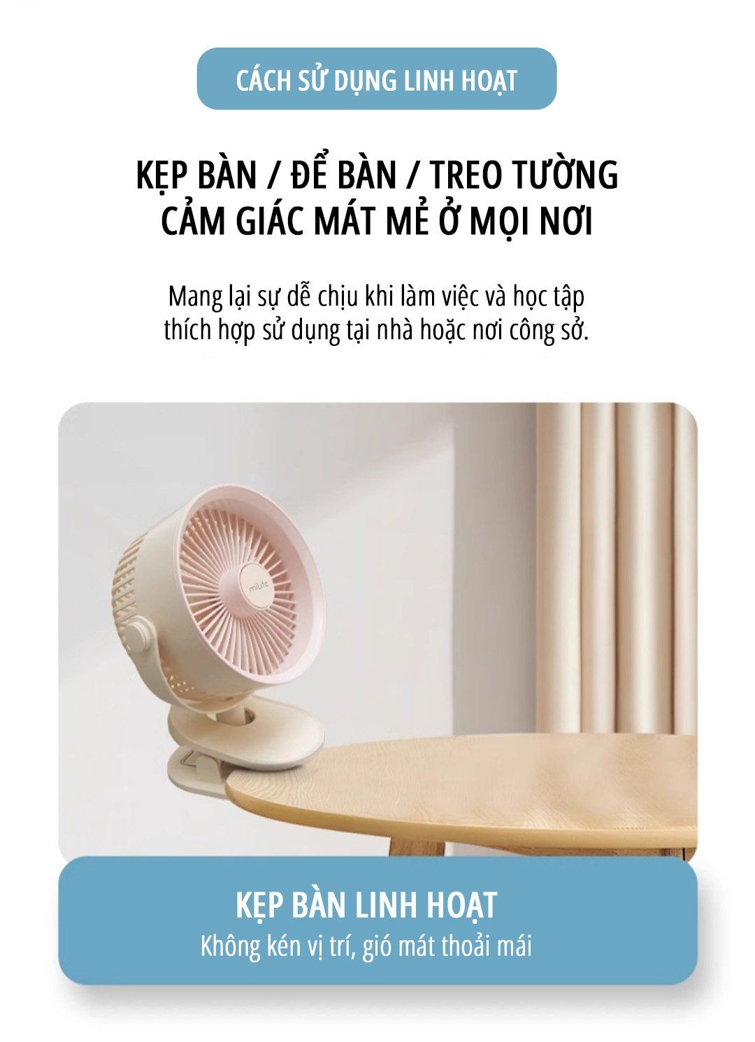  Quạt kẹp tích điện miLife F3B cánh quạt lớn 18cm pin 4000mAh 