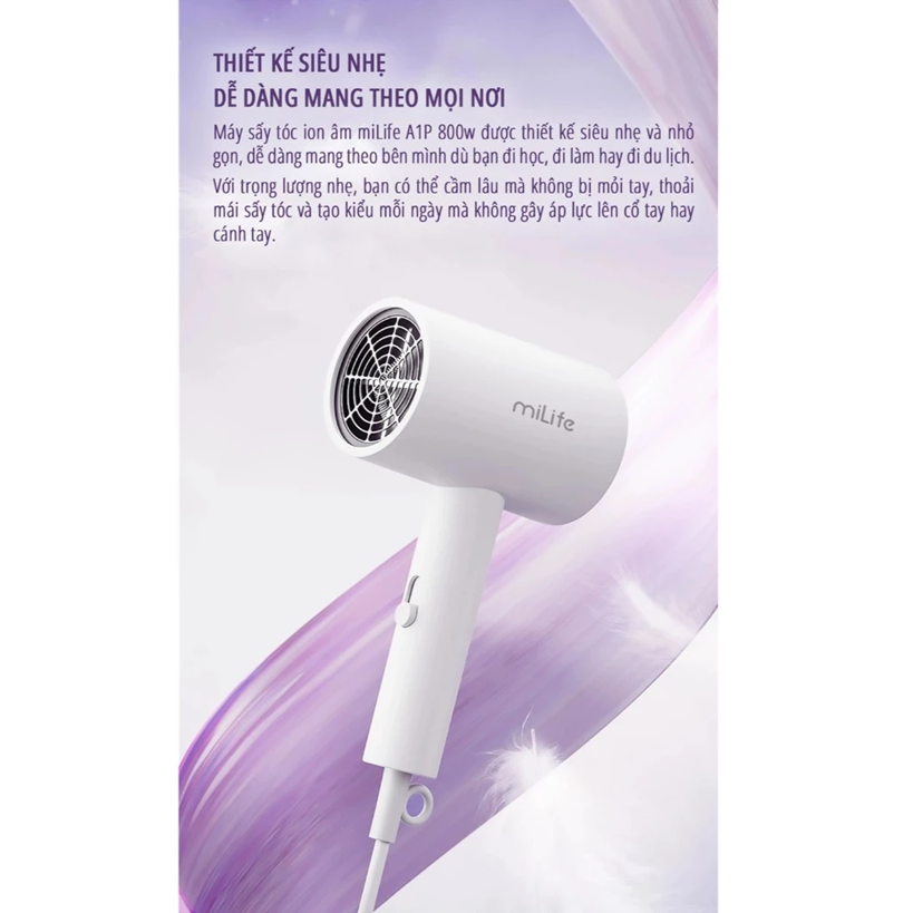  Máy sấy tóc ion âm miLife A1P 800w với ánh sáng xanh bảo vệ tóc 