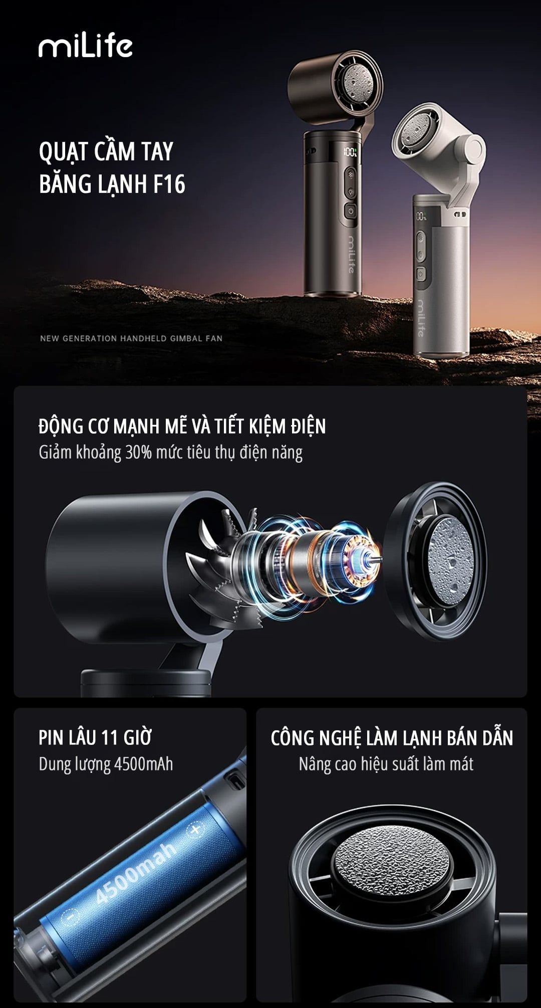  Quạt cầm tay sò lạnh miLife F16 cổ xoay 180 độ, pin 4500mAh 11 tiếng, gió 11.2m/s - Bảo hành 12 tháng 