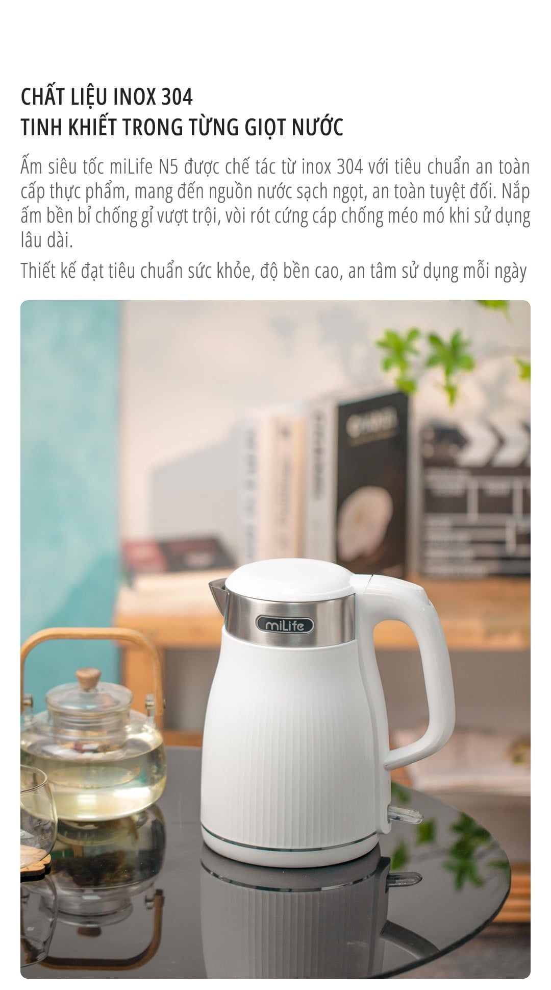  Ấm siêu tốc dung tích 1.8L miLife N5, inox 304, 1800w mạnh mẽ, đạt chuẩn SNI - Bảo hành 12 tháng 