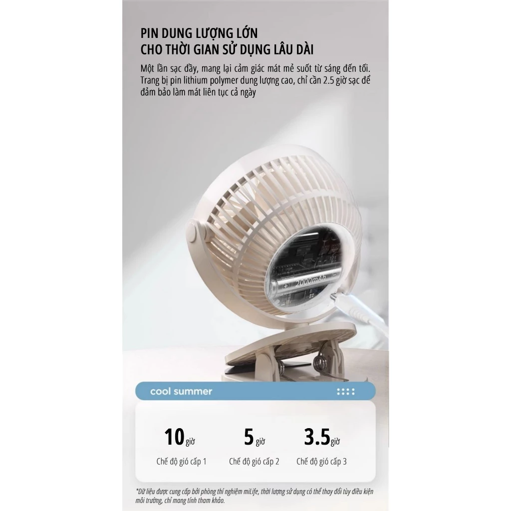  Quạt kẹp tích điện miLife F3A cánh 12cm 