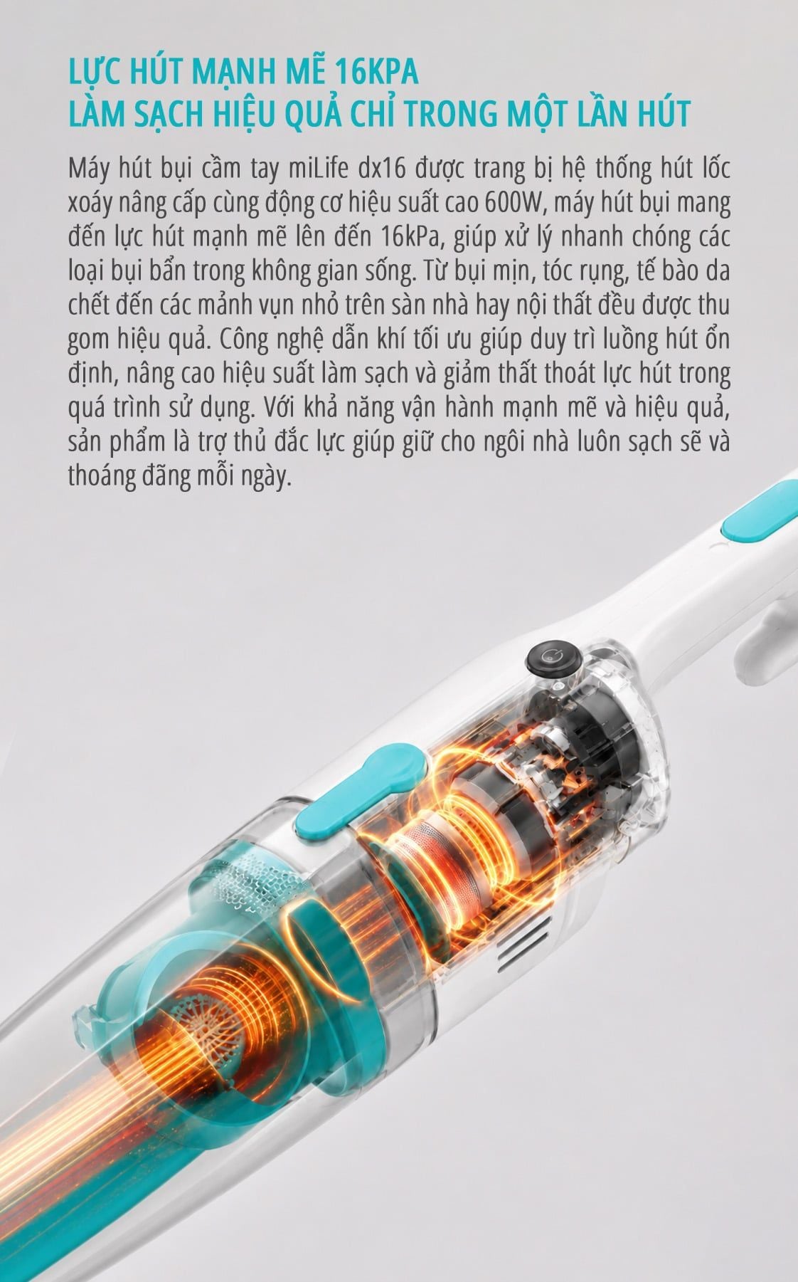  Máy hút bụi cầm tay có dây miLife DX16 - Lực hút 16000Pa công suất 600W 3 đầu hút dây dài 5m 
