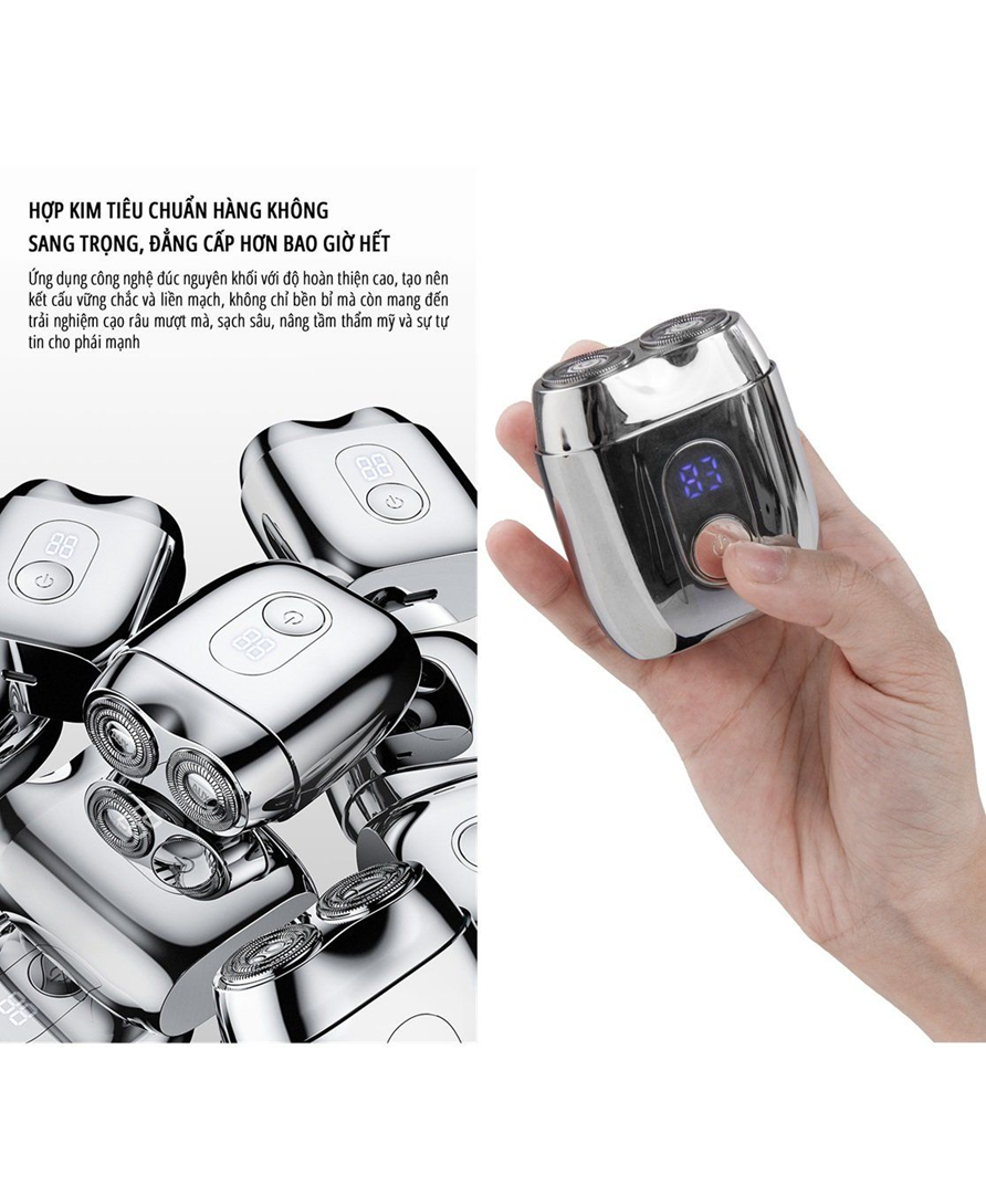  Máy cạo râu điện miLife S60P toàn thân inox, nắp hút có gương, pin 60 ngày, hiển thị phần trăm pin 