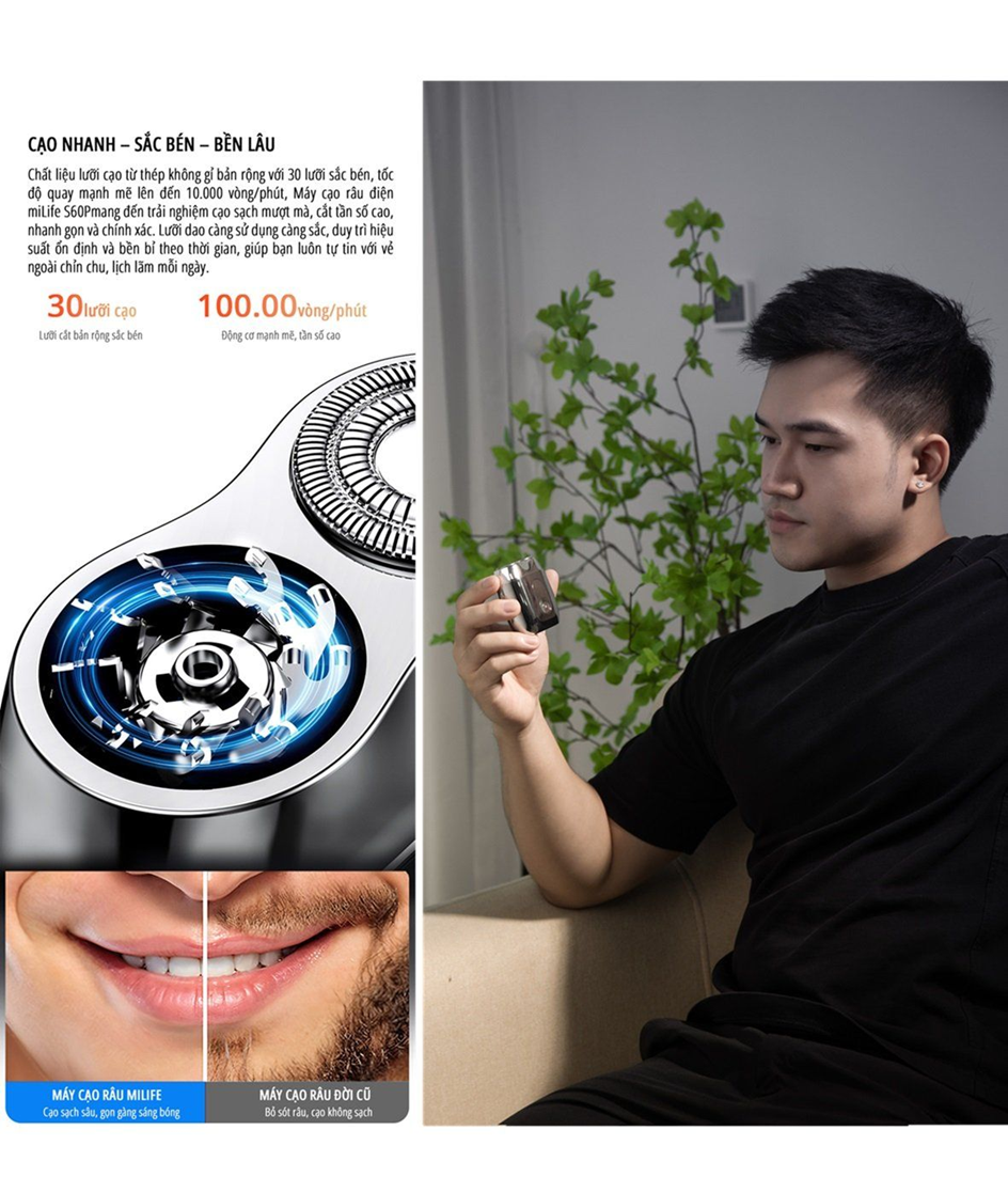  Máy cạo râu điện miLife S60P toàn thân inox, nắp hút có gương, pin 60 ngày, hiển thị phần trăm pin 