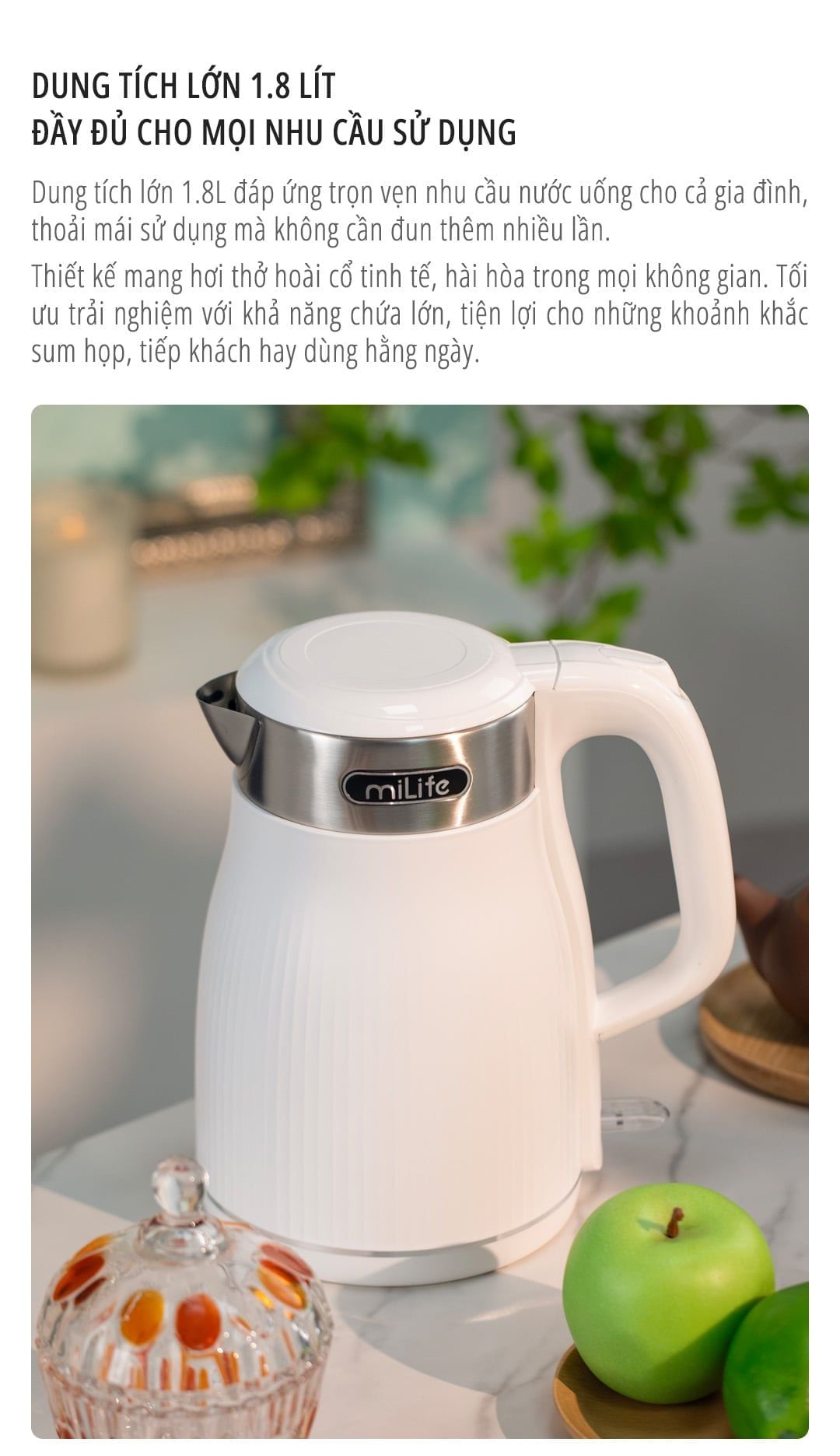  Ấm siêu tốc dung tích 1.8L miLife N5, inox 304, 1800w mạnh mẽ, đạt chuẩn SNI - Bảo hành 12 tháng 