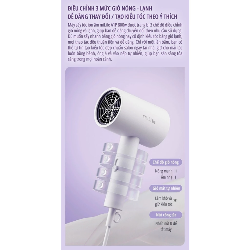  Máy sấy tóc ion âm miLife A1P 800w với ánh sáng xanh bảo vệ tóc 