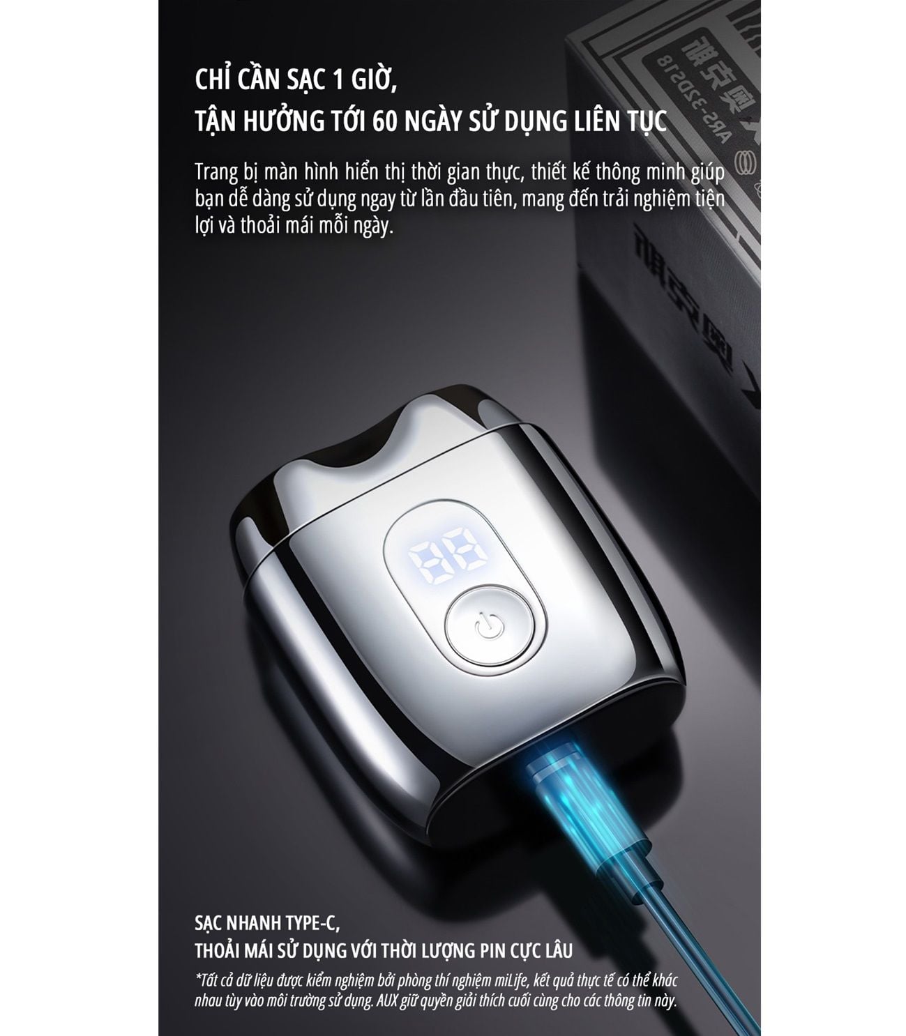  Máy cạo râu điện miLife S60P toàn thân inox, nắp hút có gương, pin 60 ngày, hiển thị phần trăm pin 