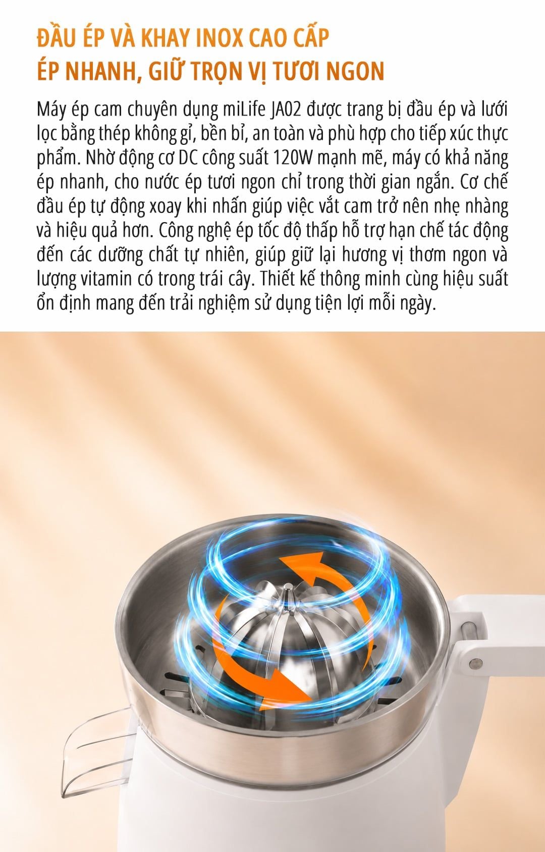  Máy vắt cam Máy ép cam, chuyên dụng miLife JA02 - công suất 120W - vắt kiệt bã bảo hành 12 tháng 