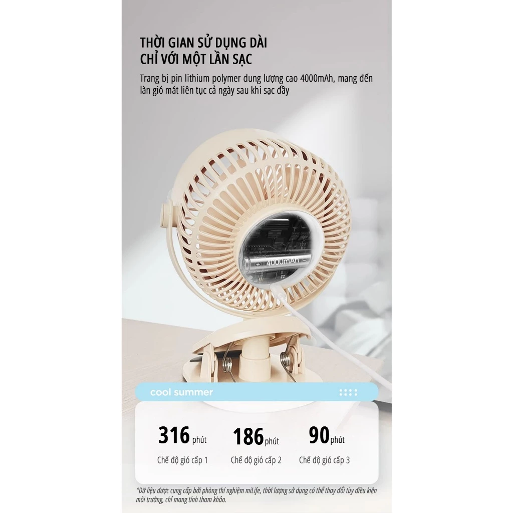  Quạt kẹp tích điện miLife F3A cánh 12cm 