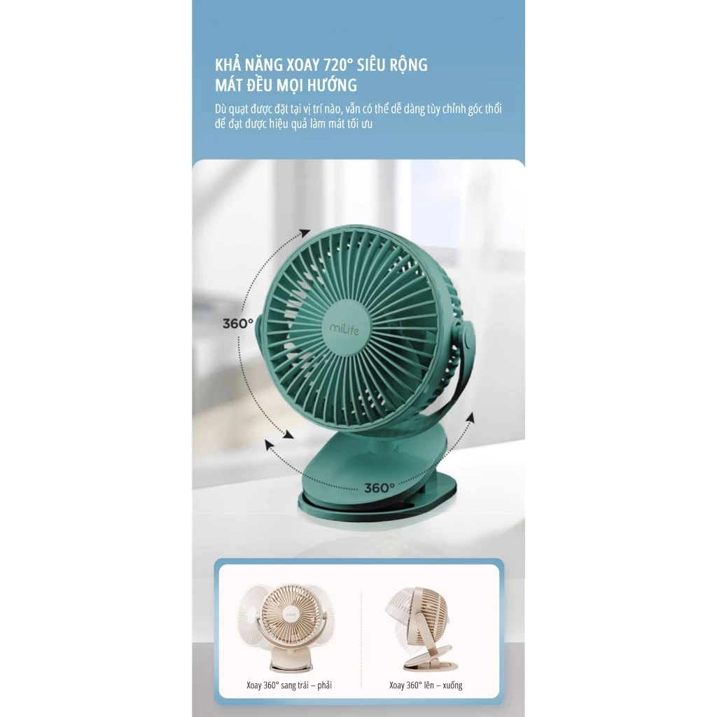  Quạt kẹp tích điện miLife F3A cánh 12cm 