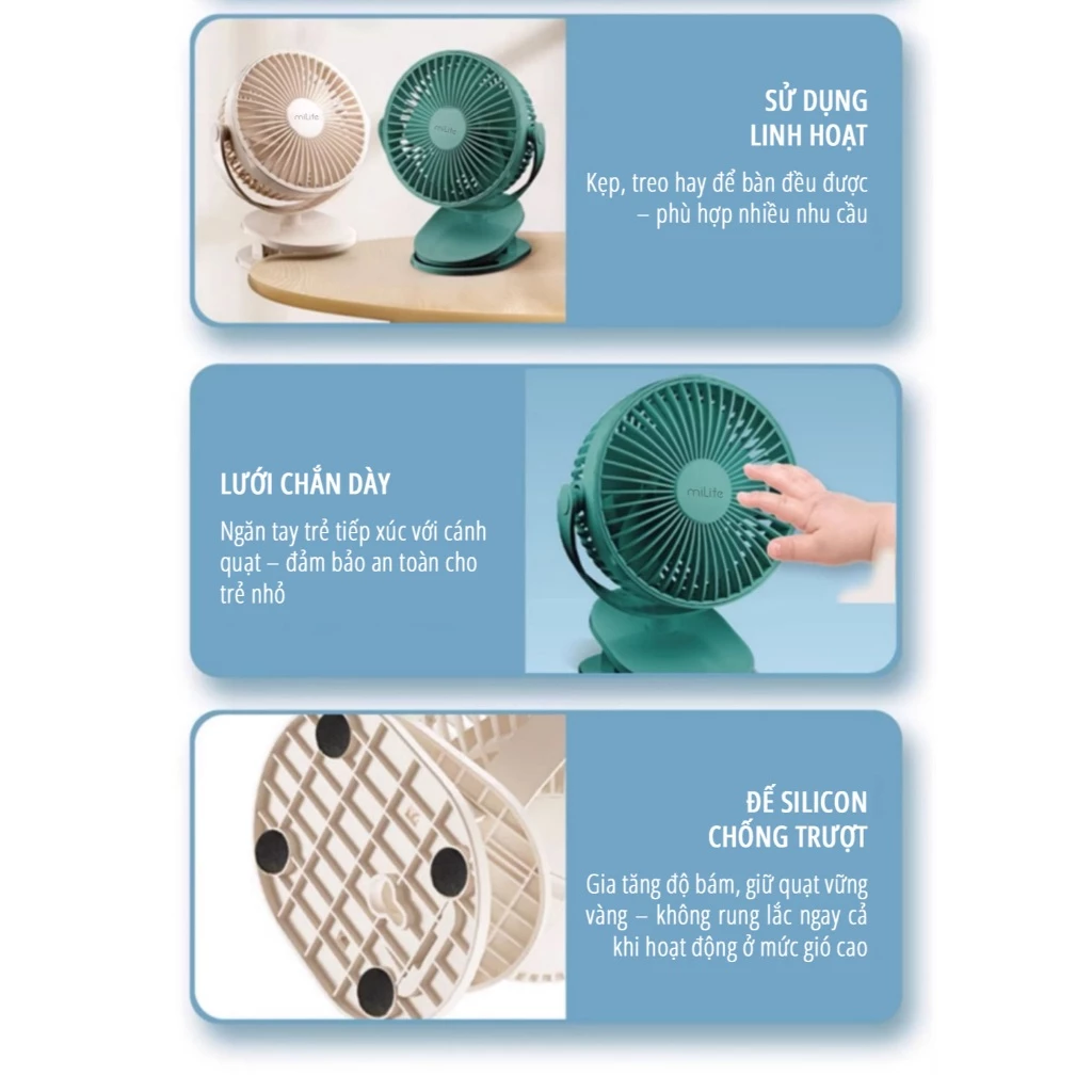  Quạt kẹp tích điện miLife F3A cánh 12cm 