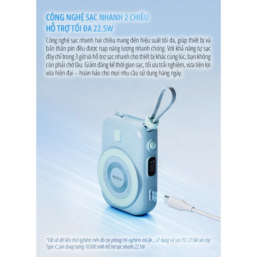  Sạc dự phòng 10000mAh milife 22.5W từ tính Magnetic cho iphone - Màn hình led hiển thị phần trăm pin BH 12 tháng 