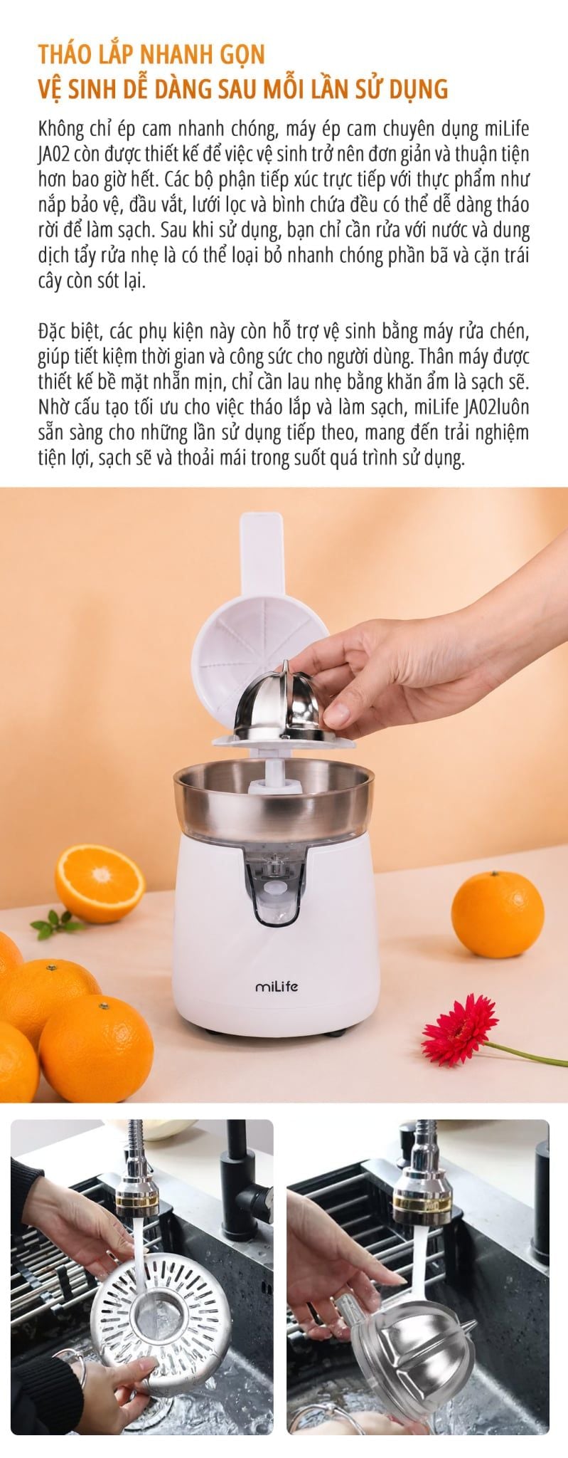  Máy vắt cam Máy ép cam, chuyên dụng miLife JA02 - công suất 120W - vắt kiệt bã bảo hành 12 tháng 