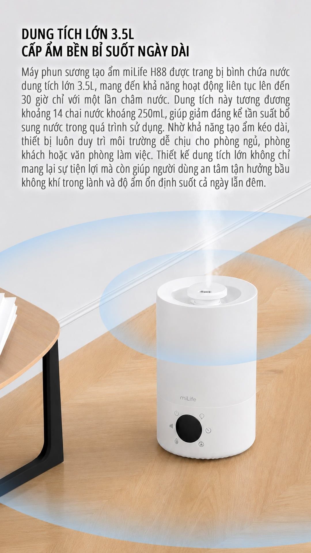  Máy phun sương tạo ẩm milife Model H88 điều chỉnh được độ ẩm - Dung tích 3,5 lít dùng được tinh dầu 