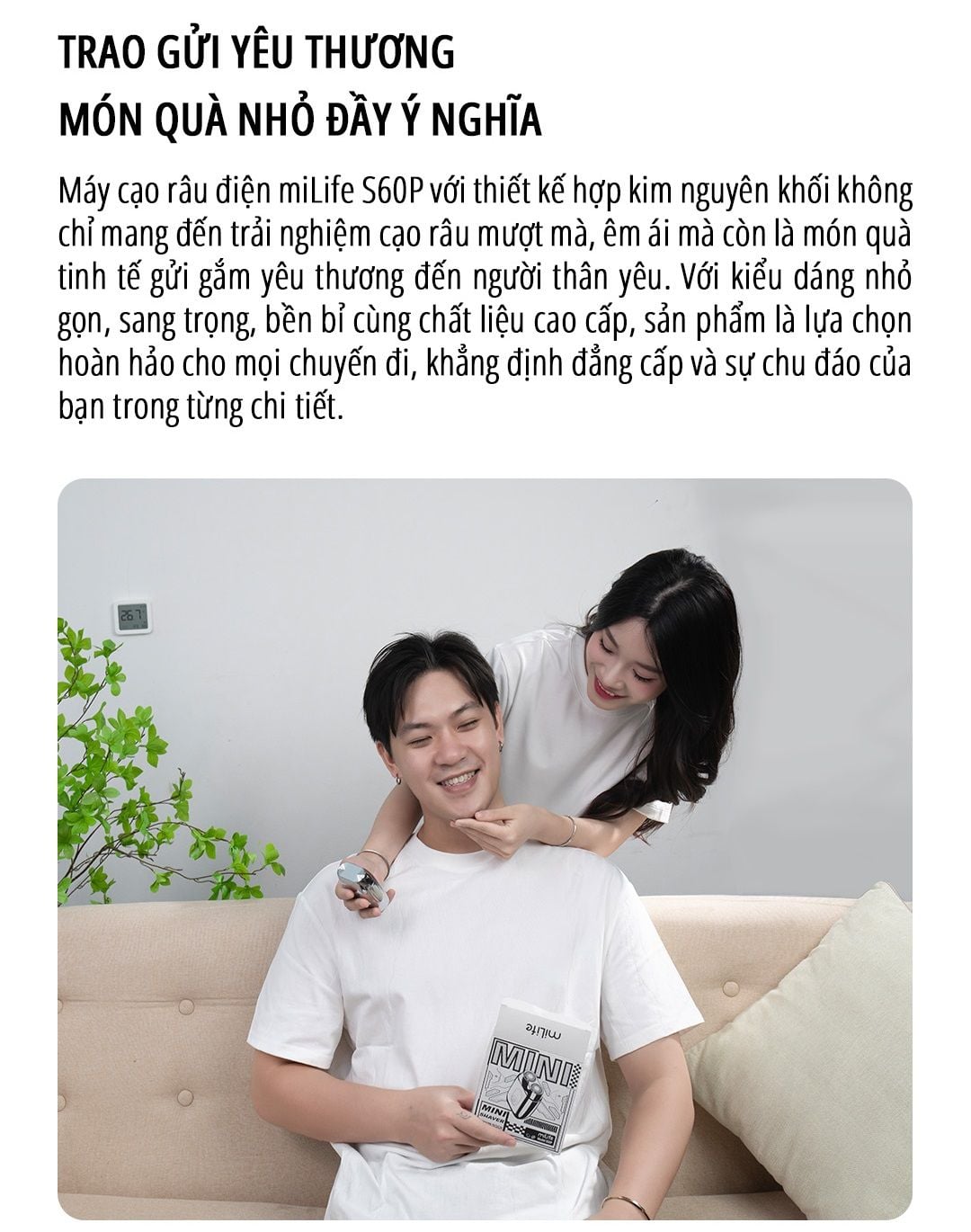  Máy cạo râu điện miLife S60P toàn thân inox, nắp hút có gương, pin 60 ngày, hiển thị phần trăm pin 