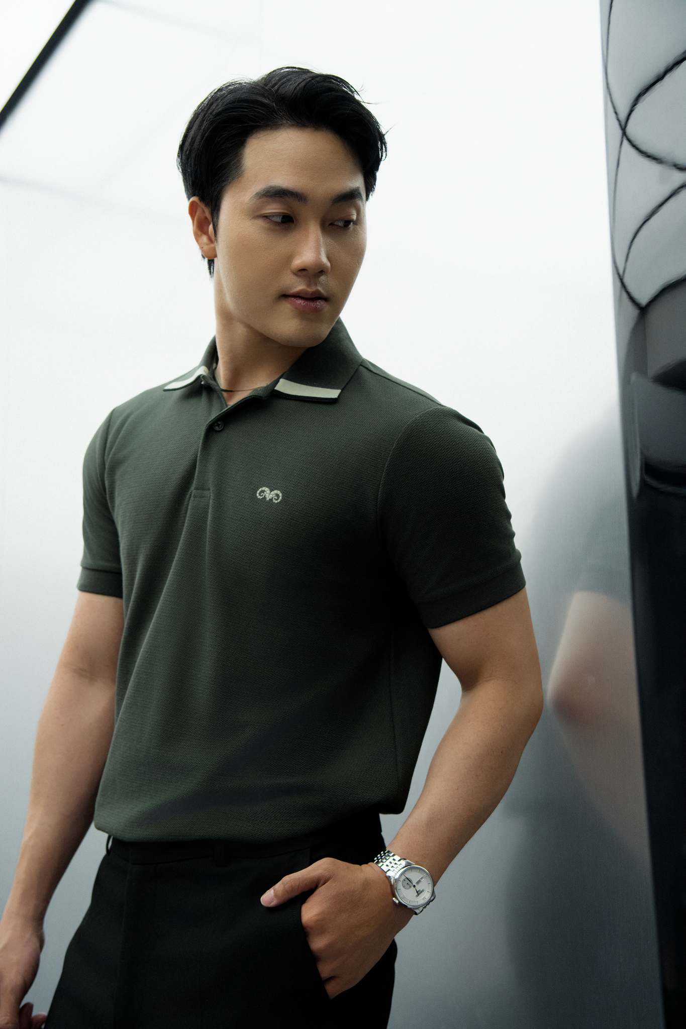  POLO NAM 8896-SLIM FIT RÊU GÓC CỔ KEM 