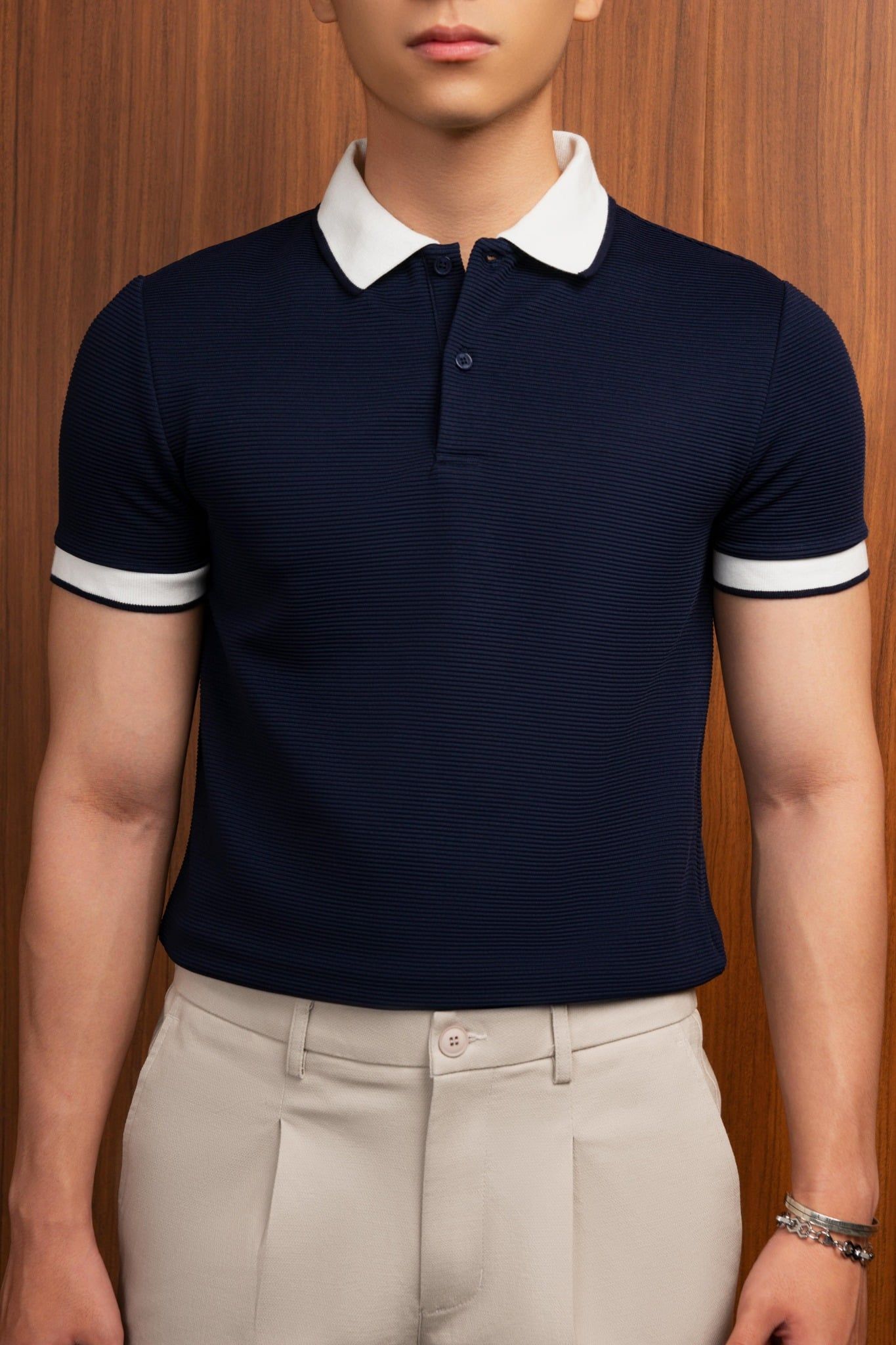  POLO NAM 9004-SLIM FIT SỚ GÂN NGANG XANH ĐEN CỔ TRẮNG 