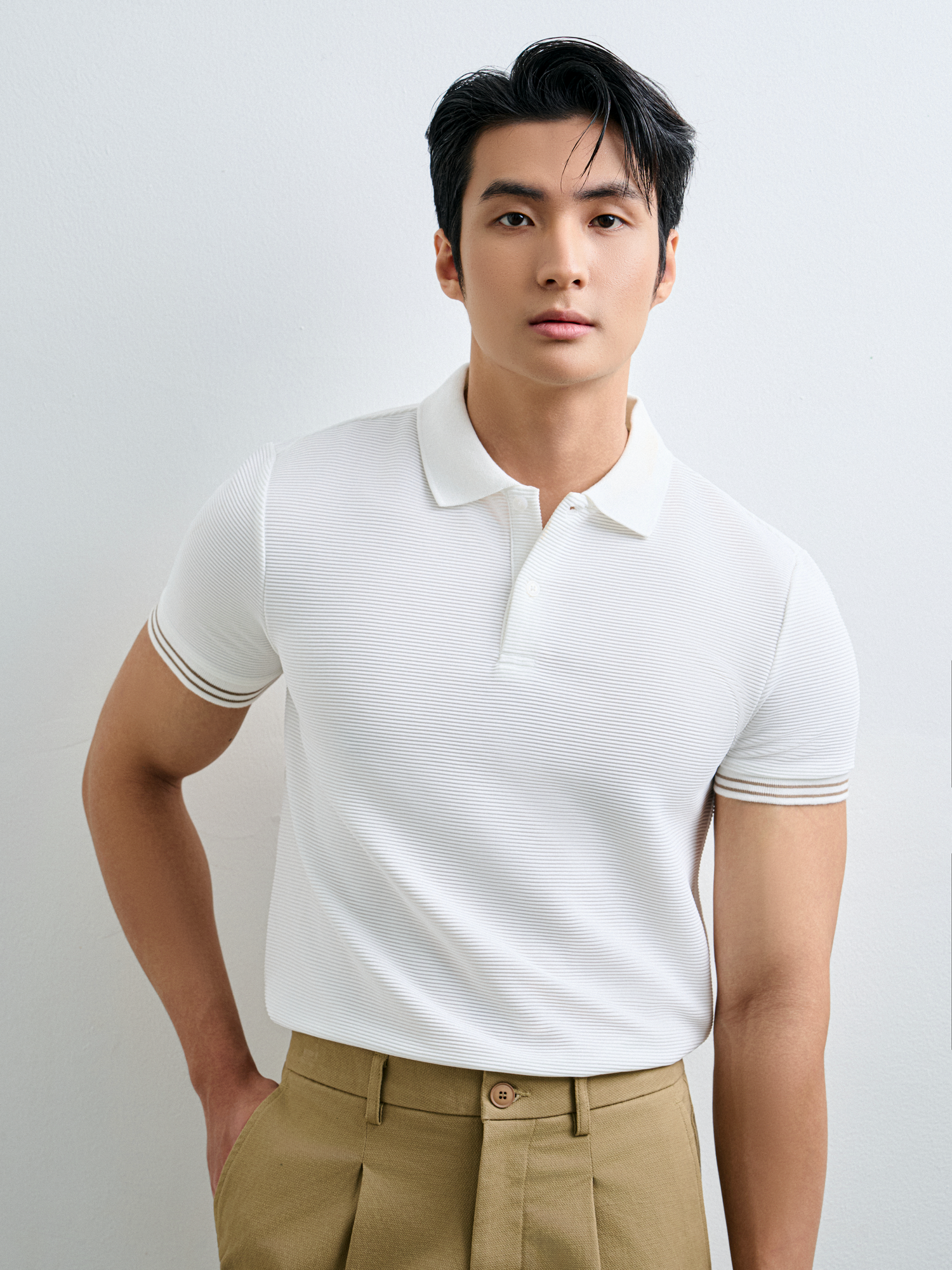  POLO NAM 9006-SLIM FIT SỚ GÂN NGANG TRẮNG BO TAY 