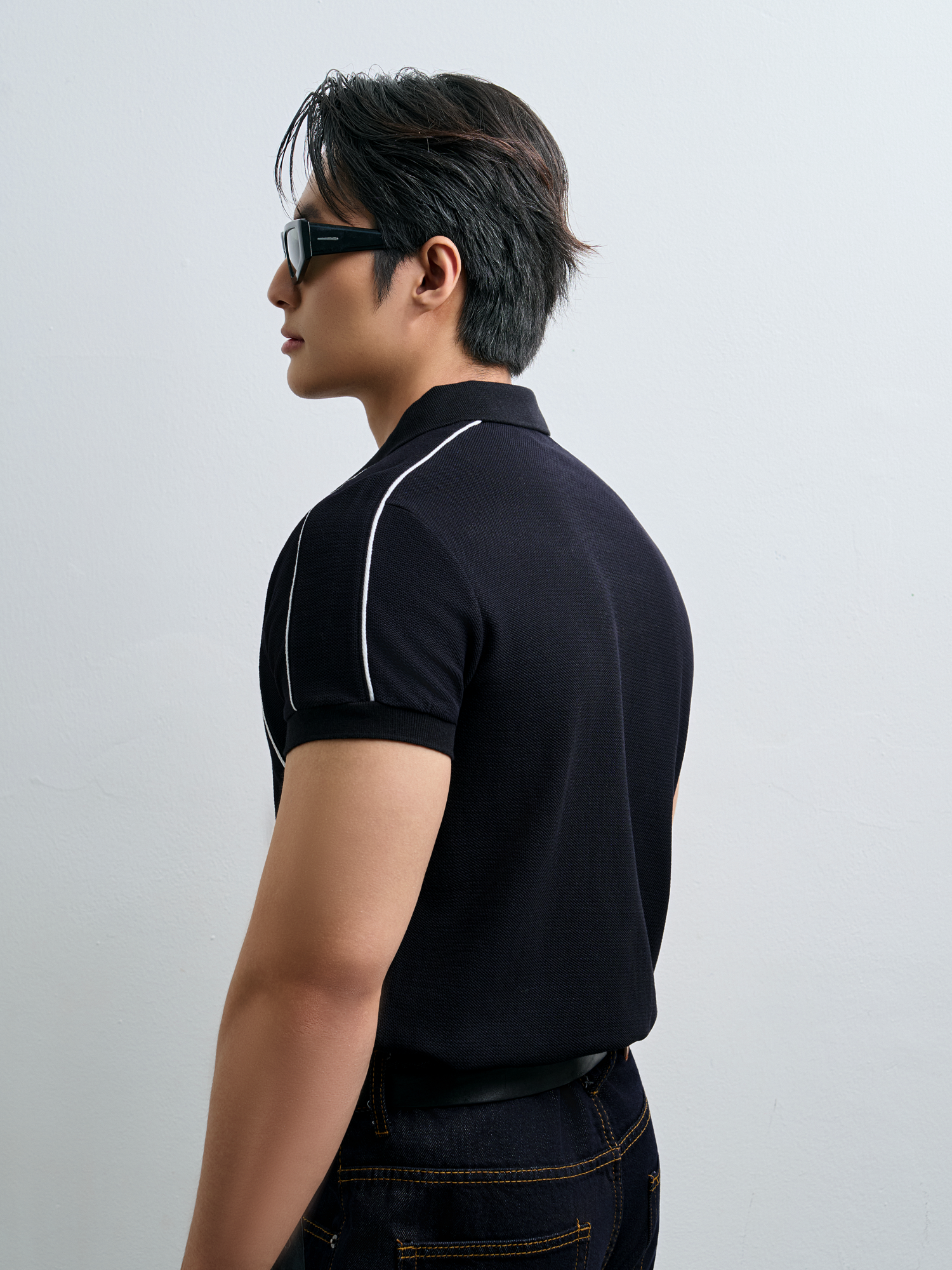  POLO NAM 9009-SLIM FIT ĐEN CHỈ NỔI VIỀN TRẮNG 