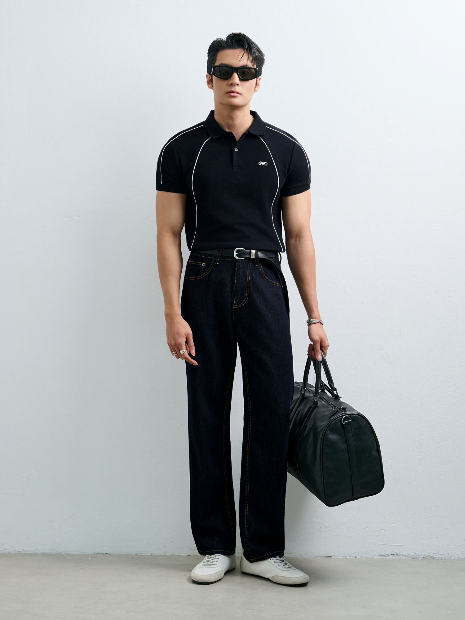  POLO NAM 9009-SLIM FIT ĐEN CHỈ NỔI VIỀN TRẮNG 