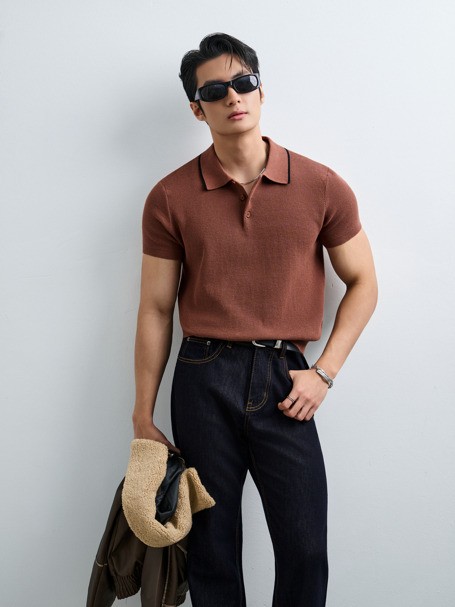  POLO NAM DỆT KIM N455-REGULAR FIT NÂU 