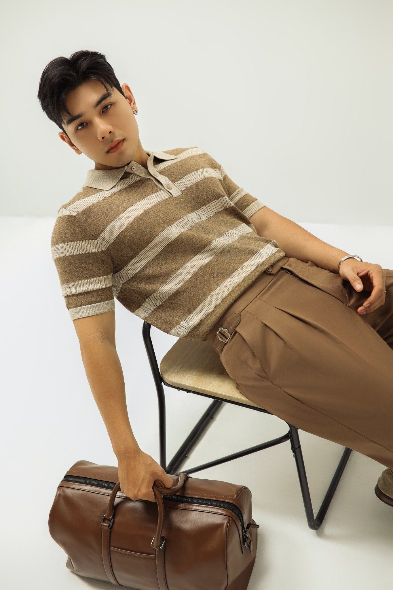  POLO NAM DỆT KIM N745-REGULAR FIT KEM SỌC NÂU 