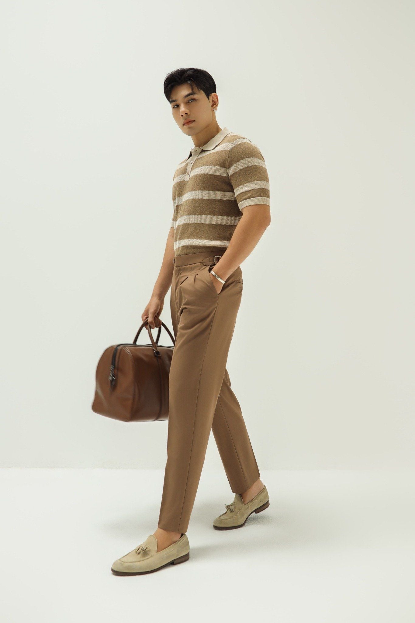  POLO NAM DỆT KIM N745-REGULAR FIT KEM SỌC NÂU 