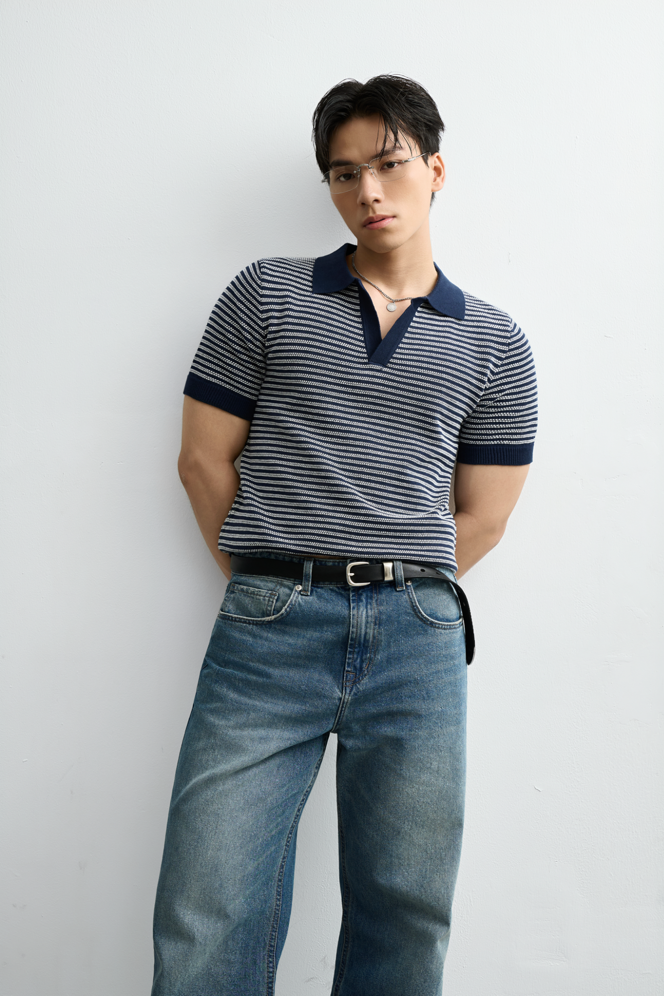  POLO NAM CỔ V DỆT KIM N763-REGULAR FIT XANH SỌC TRẮNG 
