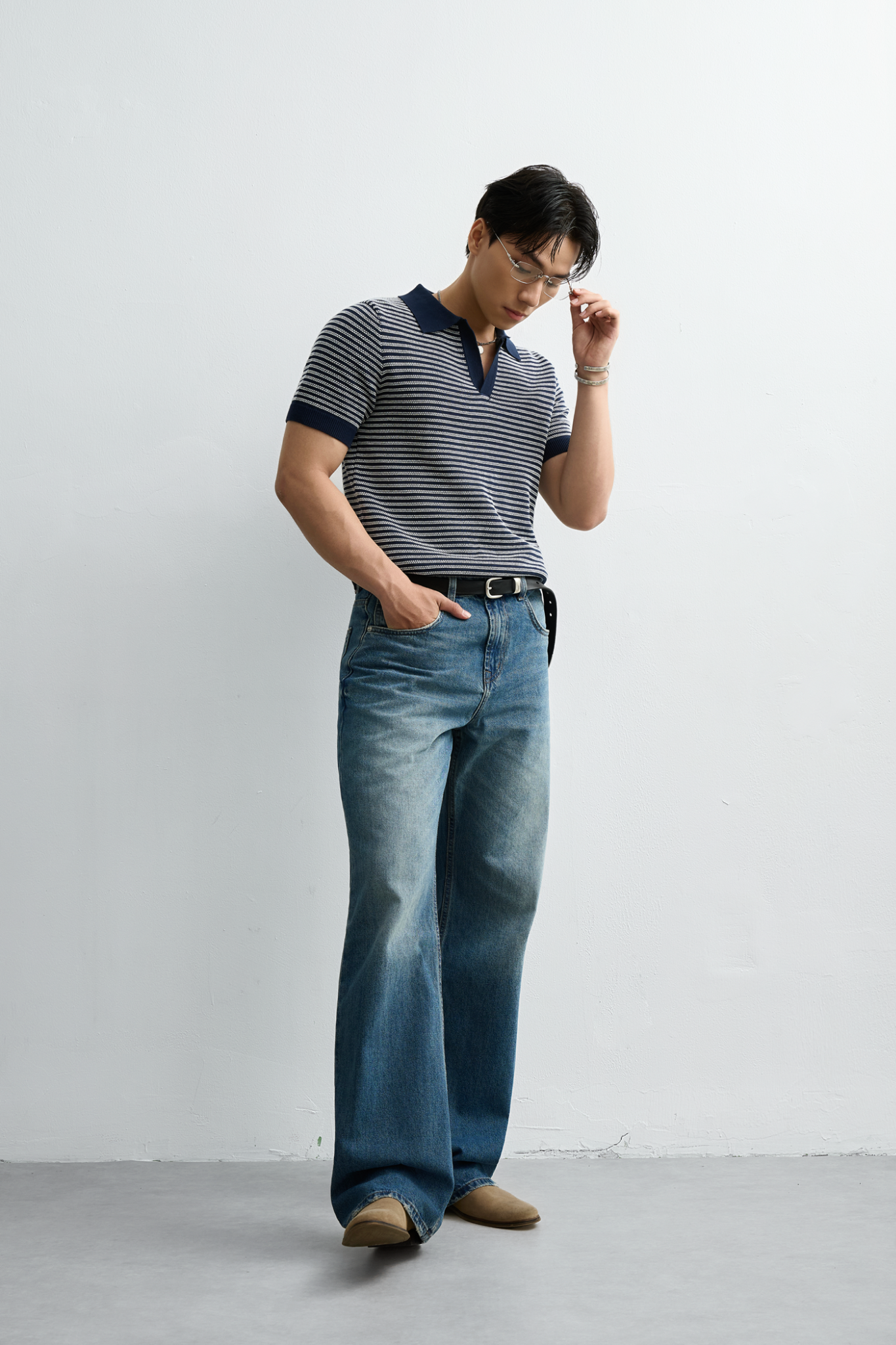  POLO NAM DỆT KIM CỔ V N745-REGULAR FIT SỌC XANH TRẮNG 