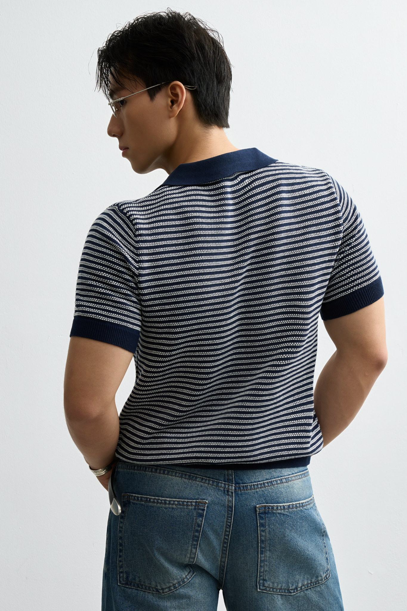  POLO NAM DỆT KIM CỔ V N745-REGULAR FIT SỌC XANH TRẮNG 