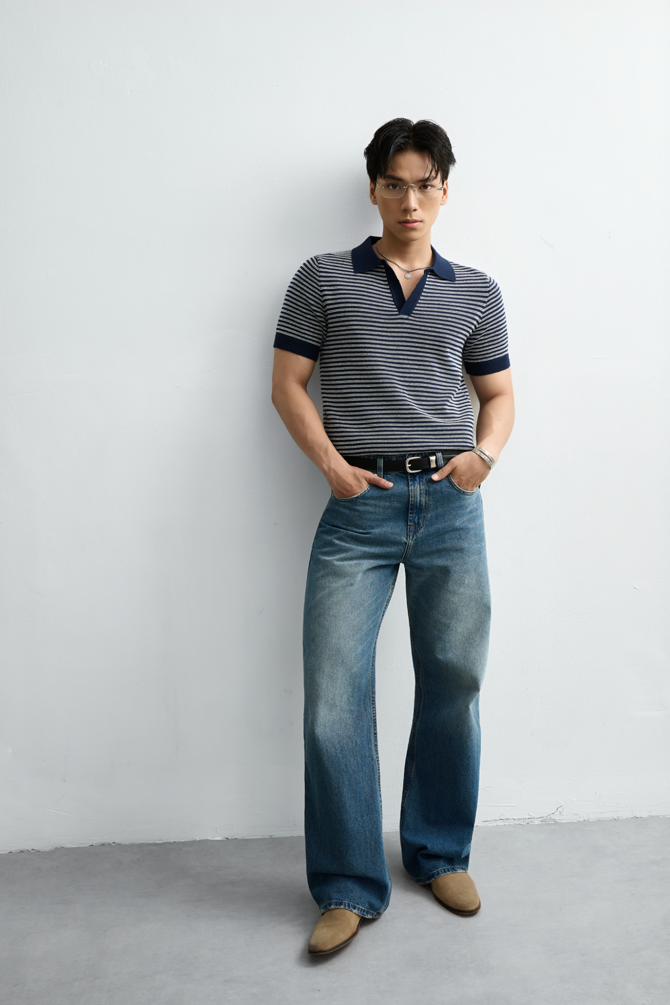  POLO NAM DỆT KIM CỔ V N745-REGULAR FIT SỌC XANH TRẮNG 