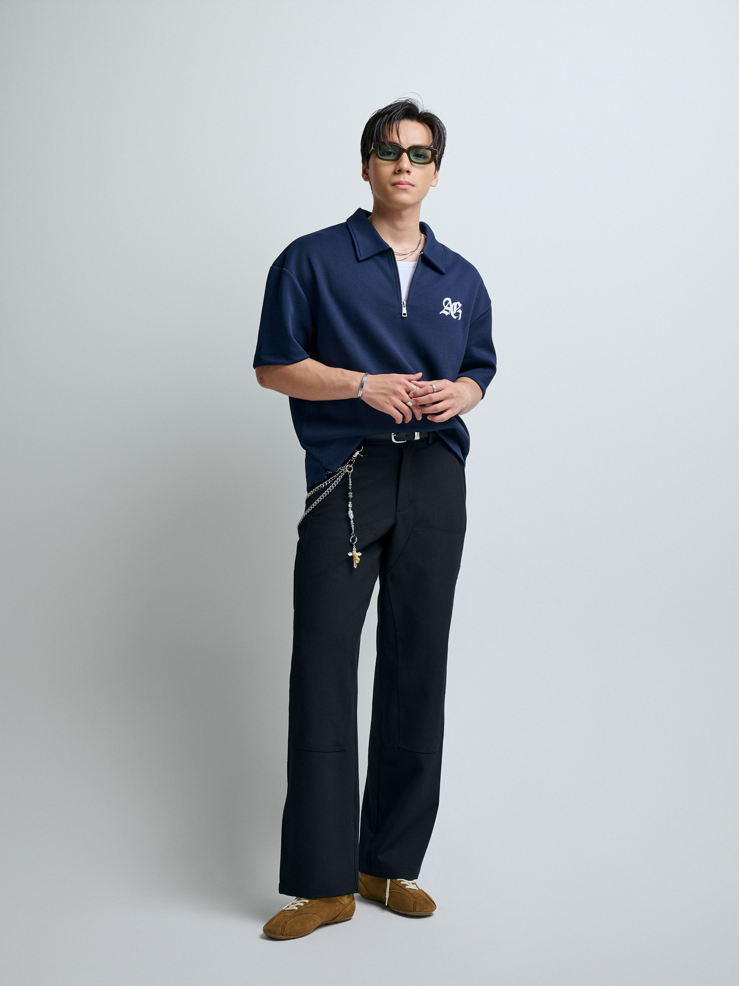  POLO NAM CỔ DÂY KÉO R002-LOOSE FIT XANH ĐEN 