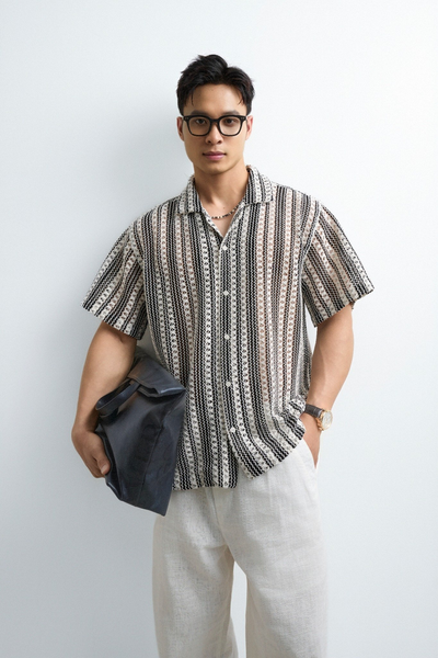  SOMI NAM TR542-LOOSE FIT CUBAN TRẮNG SỌC ĐEN 