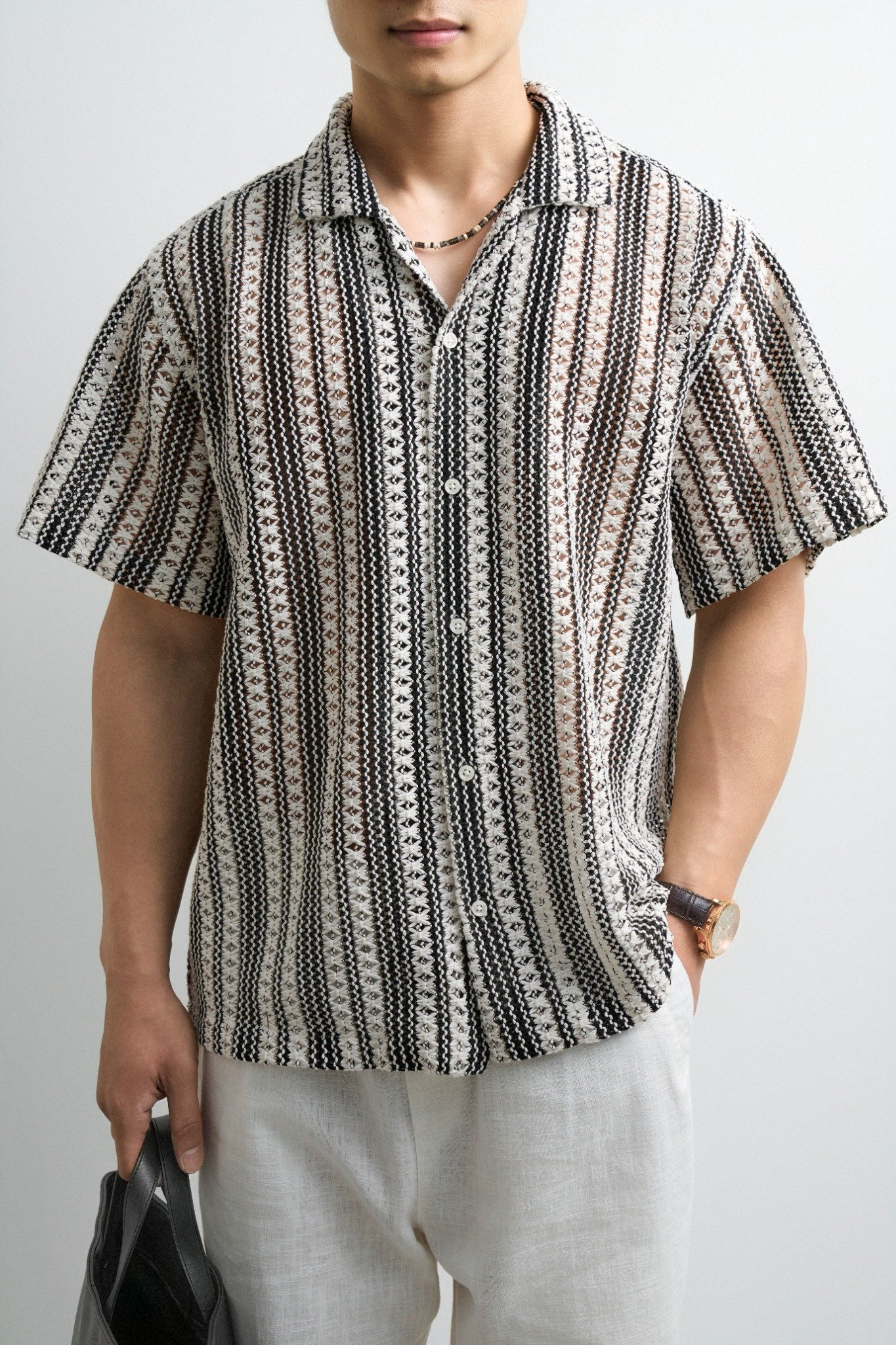  SOMI NAM TR542-LOOSE FIT CUBAN TRẮNG SỌC ĐEN 